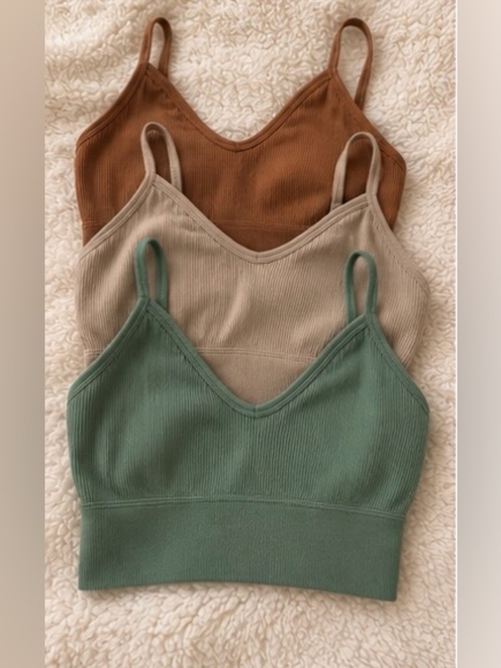 3 Pack Seamless Ribbed Bralette Crop Tops Sage Taupe Rust Small